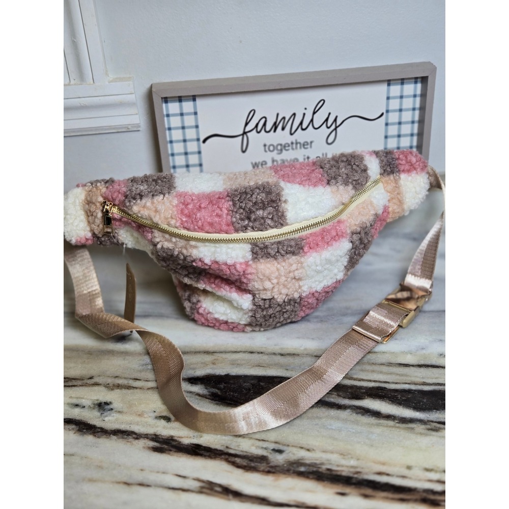 Simply Southern Sherpa Belt Bag Pink Cream Brown Checkerboard Fanny‎ Pack NEW